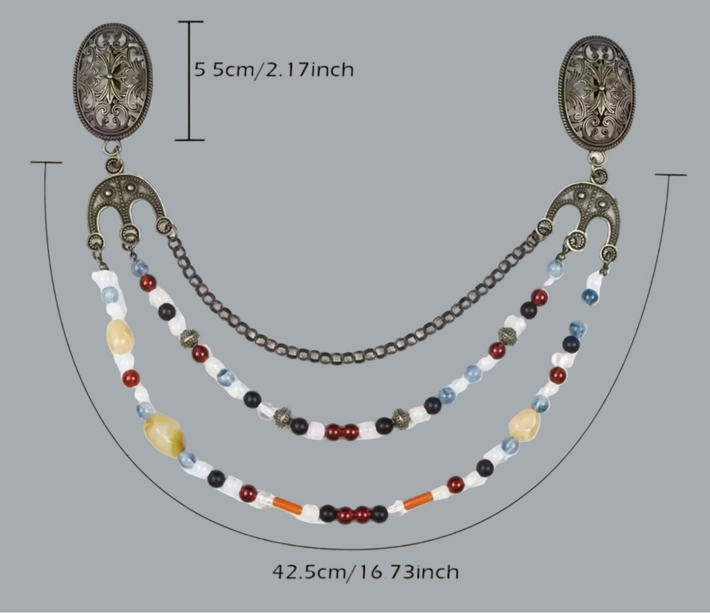 Norse Viking Cloak Clips w Beaded Chains Medieval Brooch Set