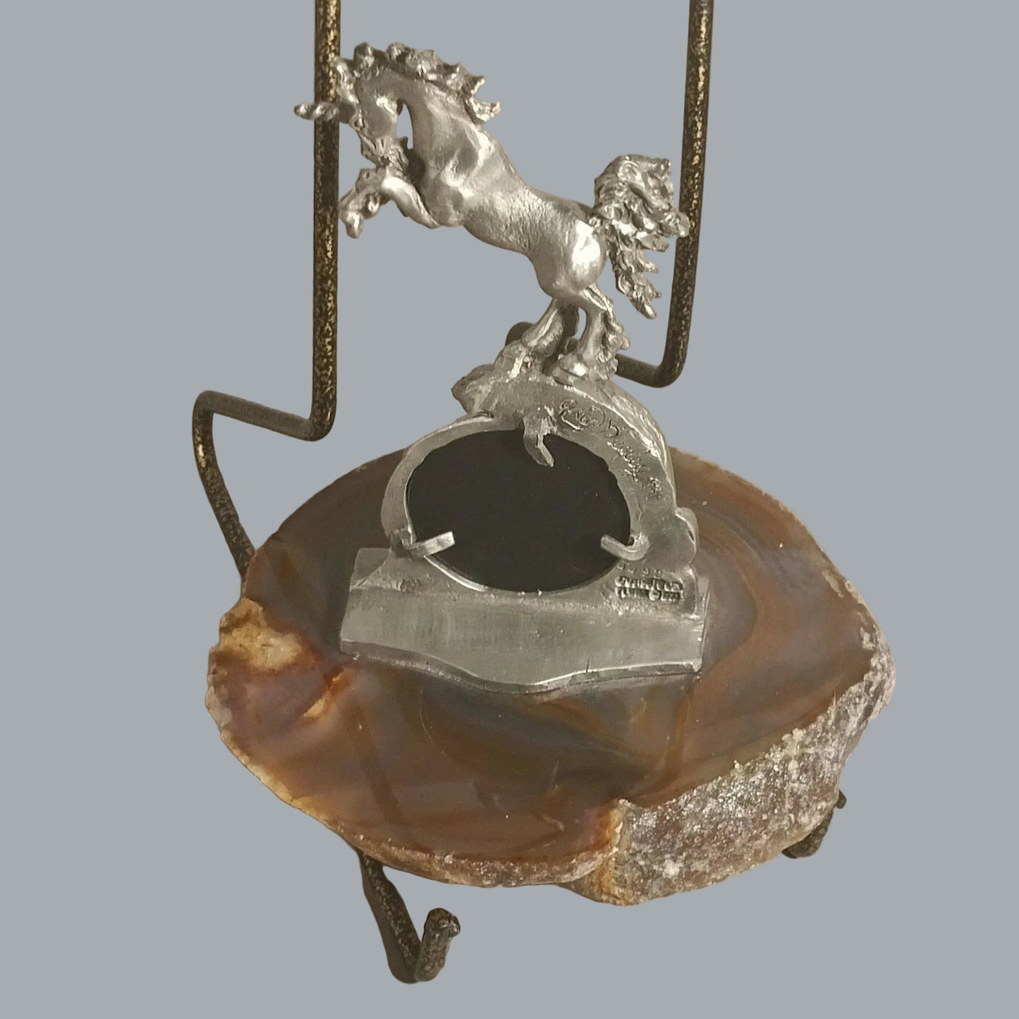 Greg Neeley Pewter Unicorn on Agate Slice Moon & Stars Hologram #4492