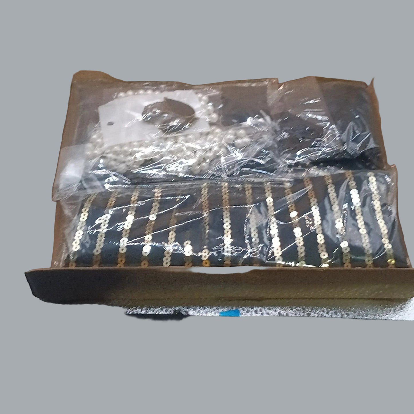 1920s Black & Gold Sequin Fringe Dress w/ Feather Headdress | Size Large