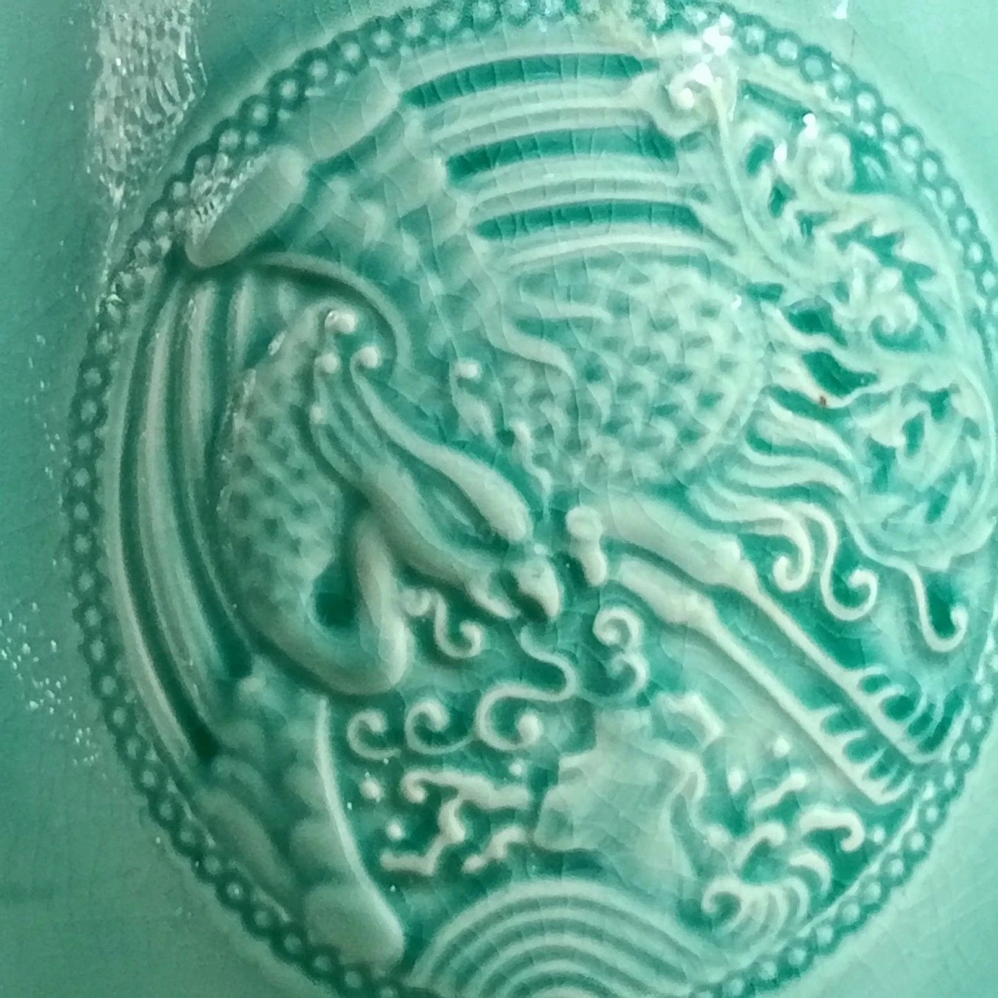 Vintage Celadon Dragon Phoenix Vase Crackle Glaze 5" Turquoise