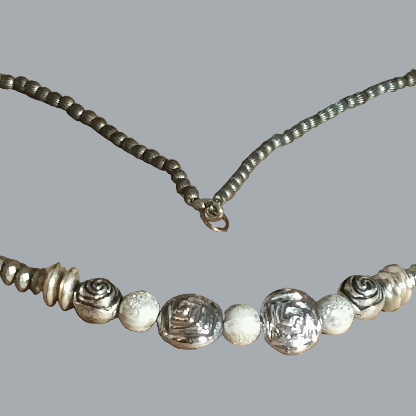 Boho Metallic Bead Necklace 23" Silver Tone Accent Beads & White Beads