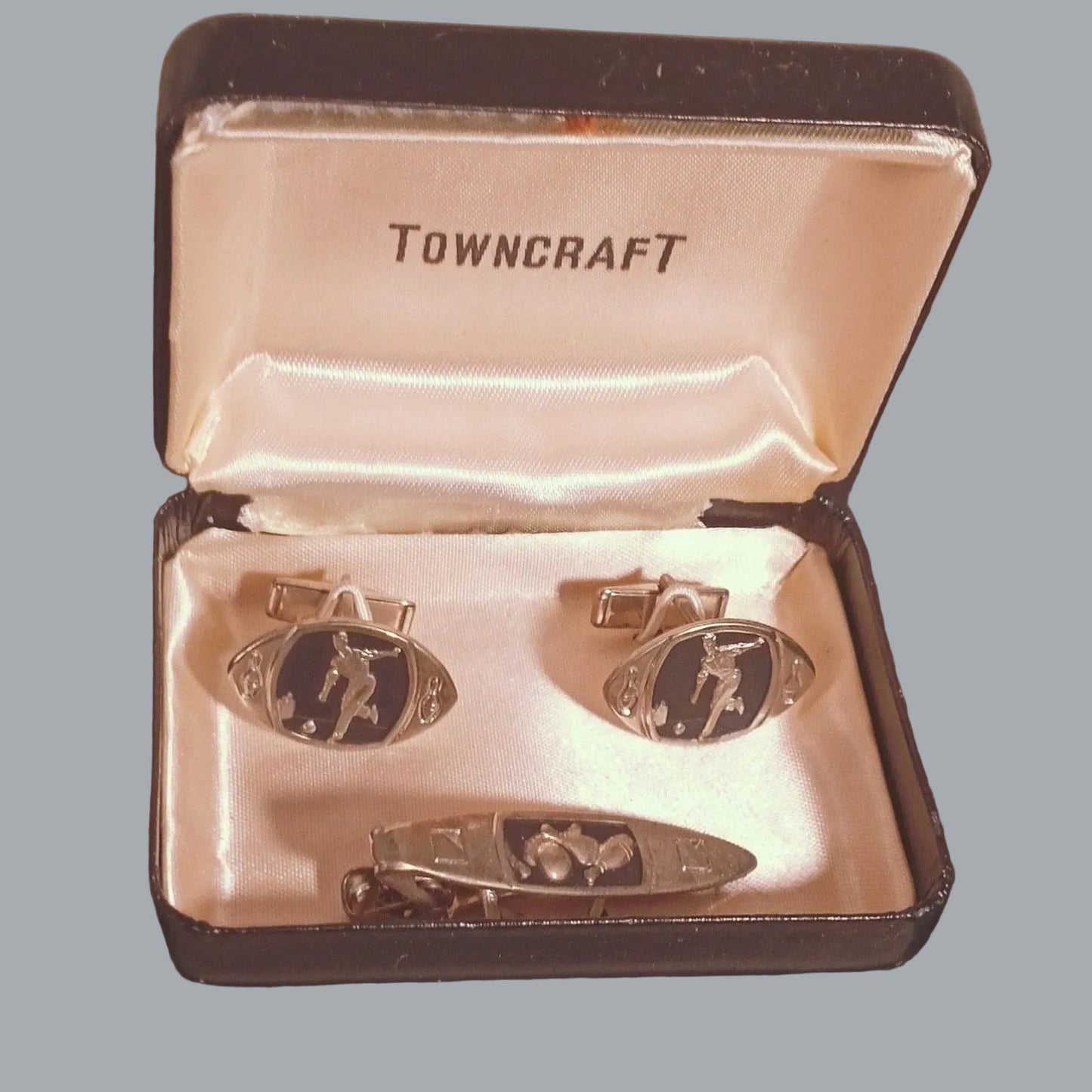 Vintage Towncraft Bowling Cufflinks & Tie Bar Set w/ Box Mid Century