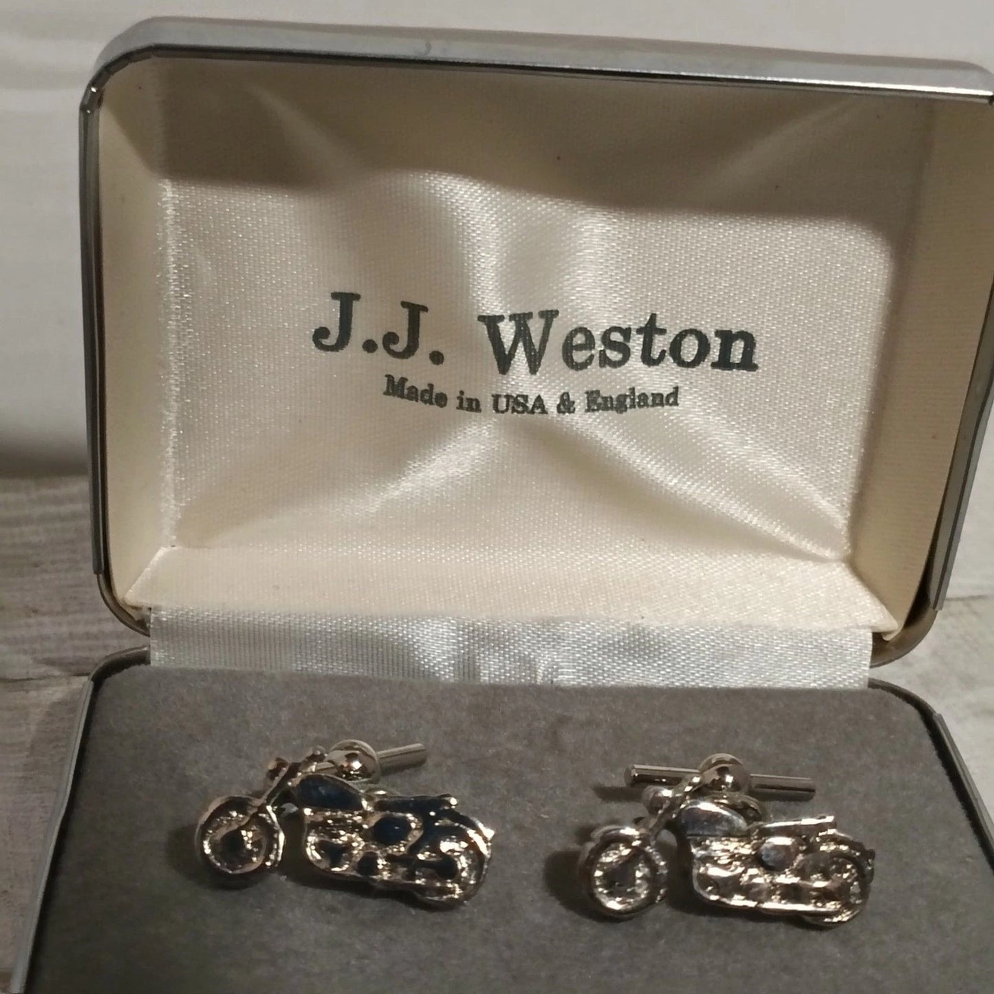 J.J. Weston Motorcycle Silver-Tone Cufflinks w/ Metal Gift Box Biker