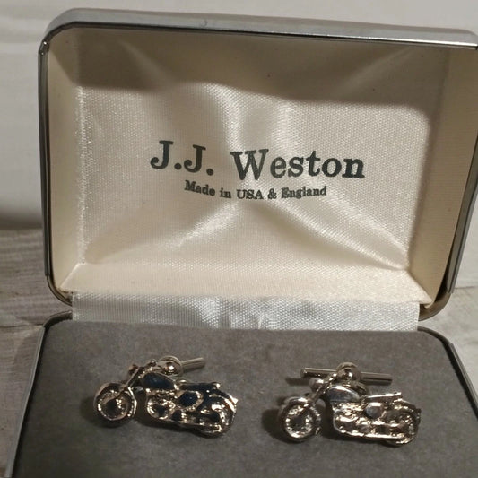 J.J. Weston Motorcycle Silver-Tone Cufflinks w/ Metal Gift Box Biker