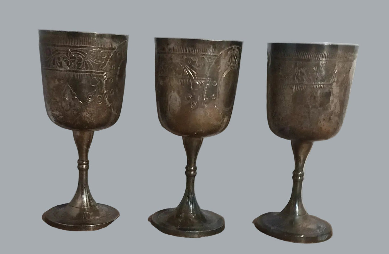 Vintage Silver Plated Engraved Goblets Set of 3 6.5" Tarnished