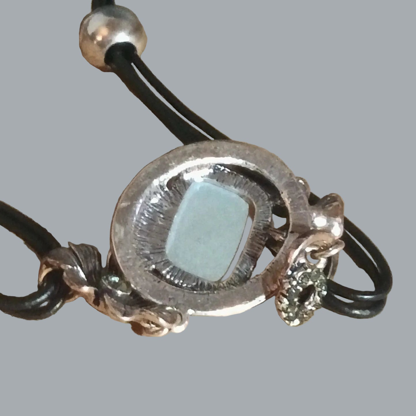 Silvertone Cat Eye Cabochon Floral Choker Necklace Black Cord 12” + Ext