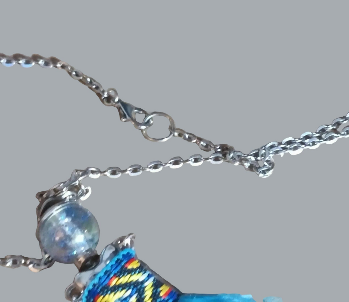 Boho Doll Pendant Necklace 28" Silvertone Chain Turquoise Fringe 4.5"