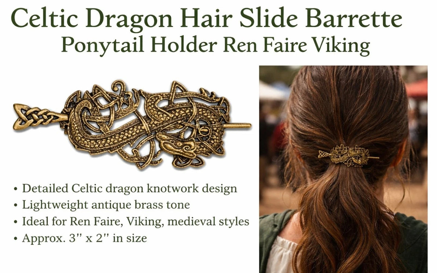 Celtic Dragon Hair Slide Barrette Ponytail Holder Ren Faire Viking