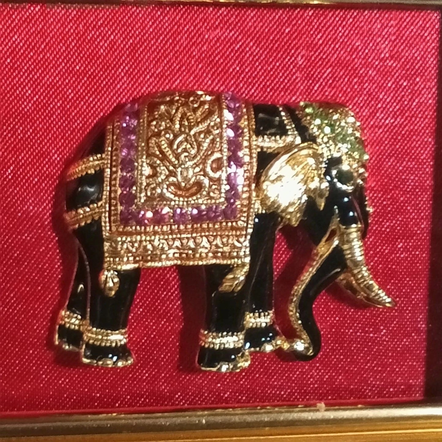 Vintage Jeweled Elephant Brooch Shadow Box Red Velvet Frame Decor