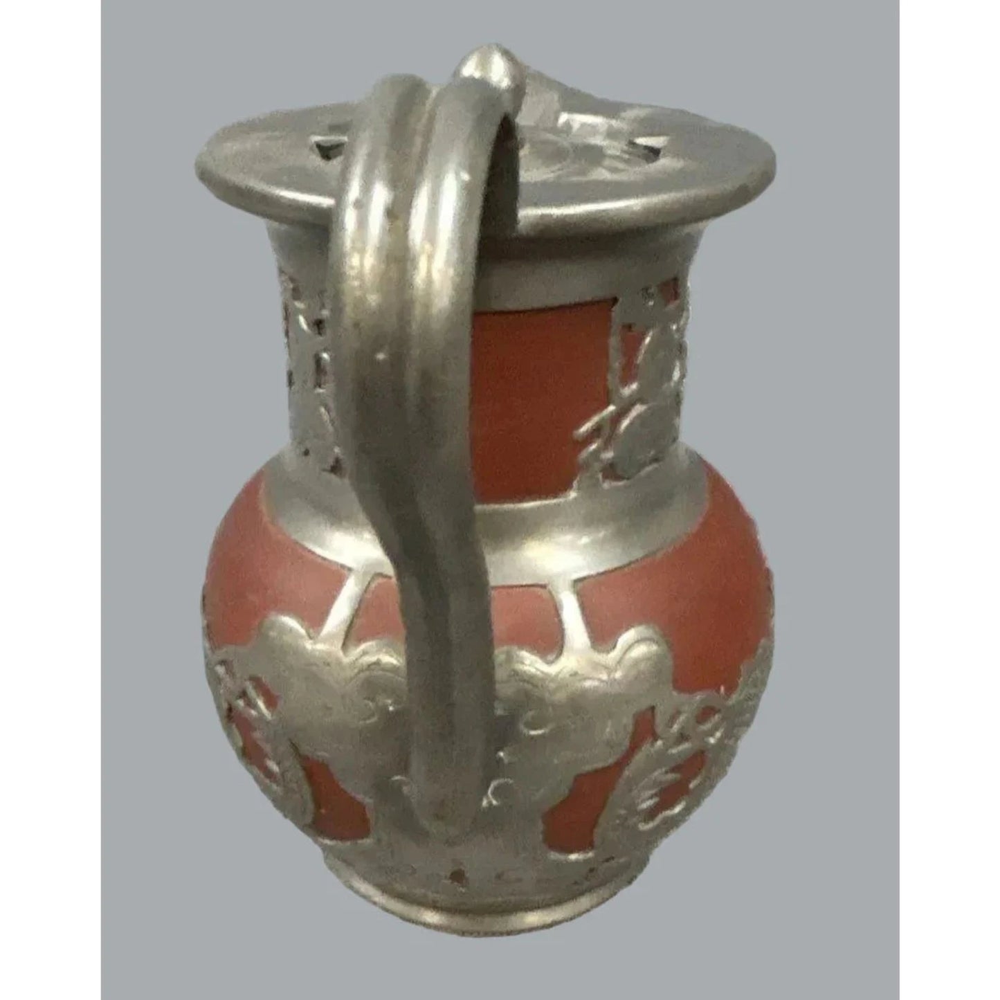 Vintage Shanghai China Pewter Overlay Dragon Red Clay Teapot 6"