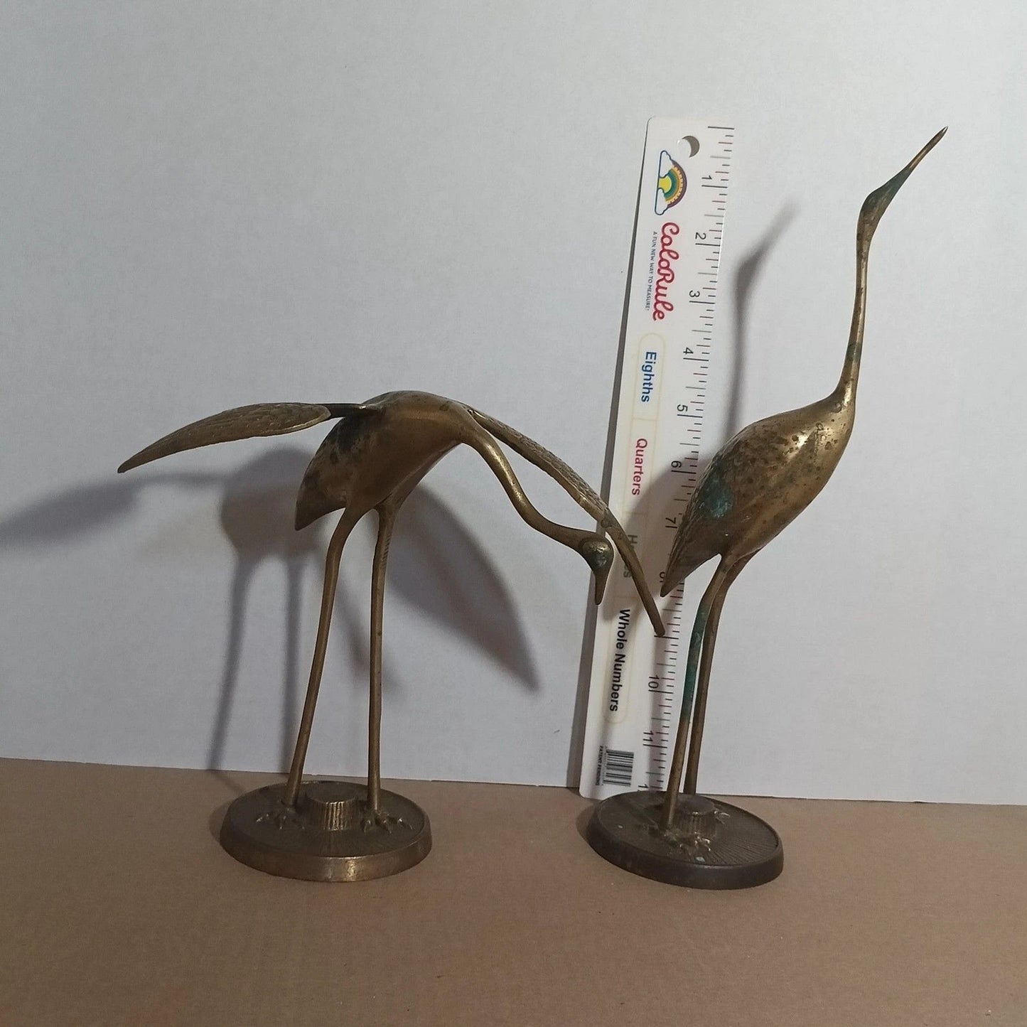 Vintage MCM Solid Brass Crane Heron Statue Pair 12.5" 7" Verdigris Patina