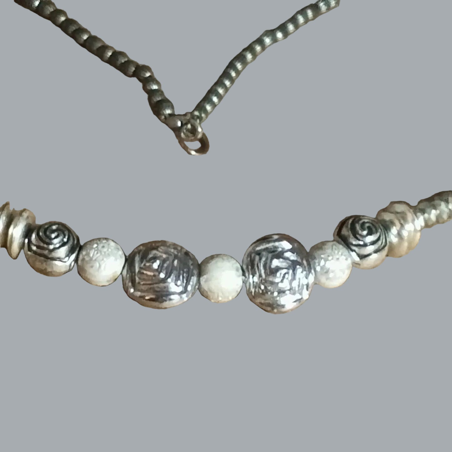 Boho Metallic Bead Necklace 23" Silver Tone Accent Beads & White Beads