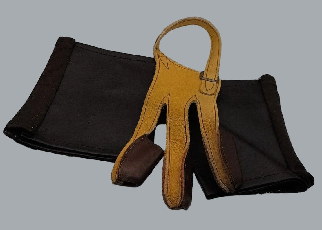 Vintage Brown 3-Finger Archery Glove & Leather Arm Guard Wrist Cuffs Set