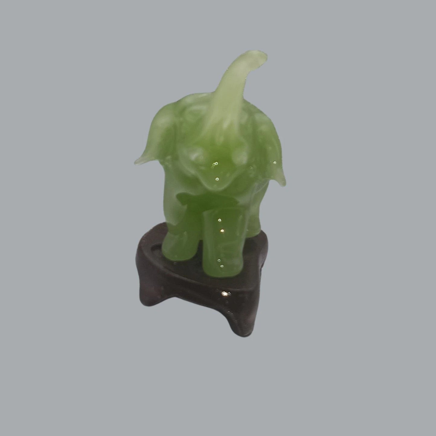 Vintage Jadeite Elephant Figurine with Wooden Stand & Box – Made in PRC