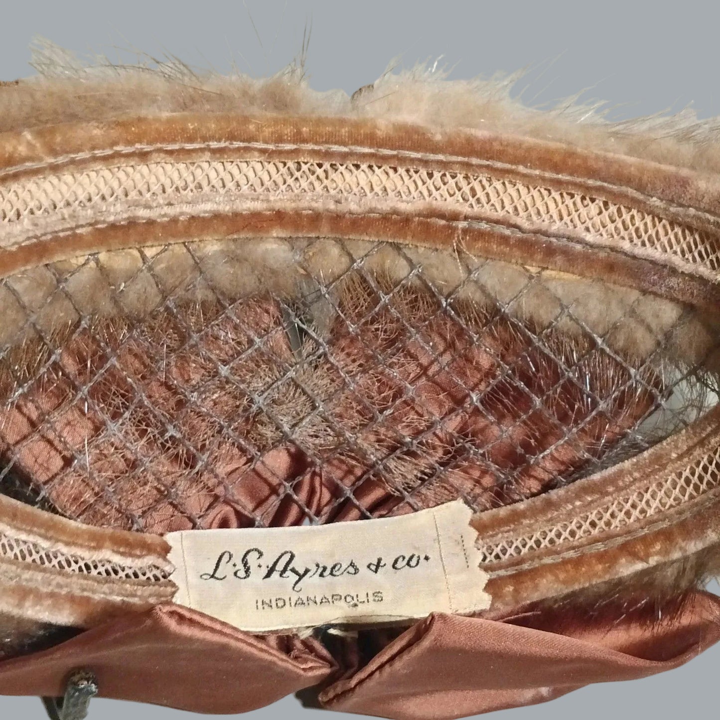Vintage L.S. Ayres Fur Bandeau Hat Satin Bow & Veil Fascinator