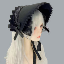 Load image into Gallery viewer, Black Elegant Lace-Trimmed Ruffled Bonnet with Black Bow Accent
