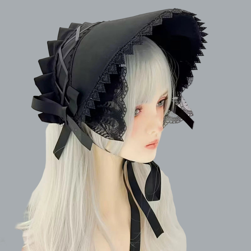 Black Elegant Lace-Trimmed Ruffled Bonnet with Black Bow Accent