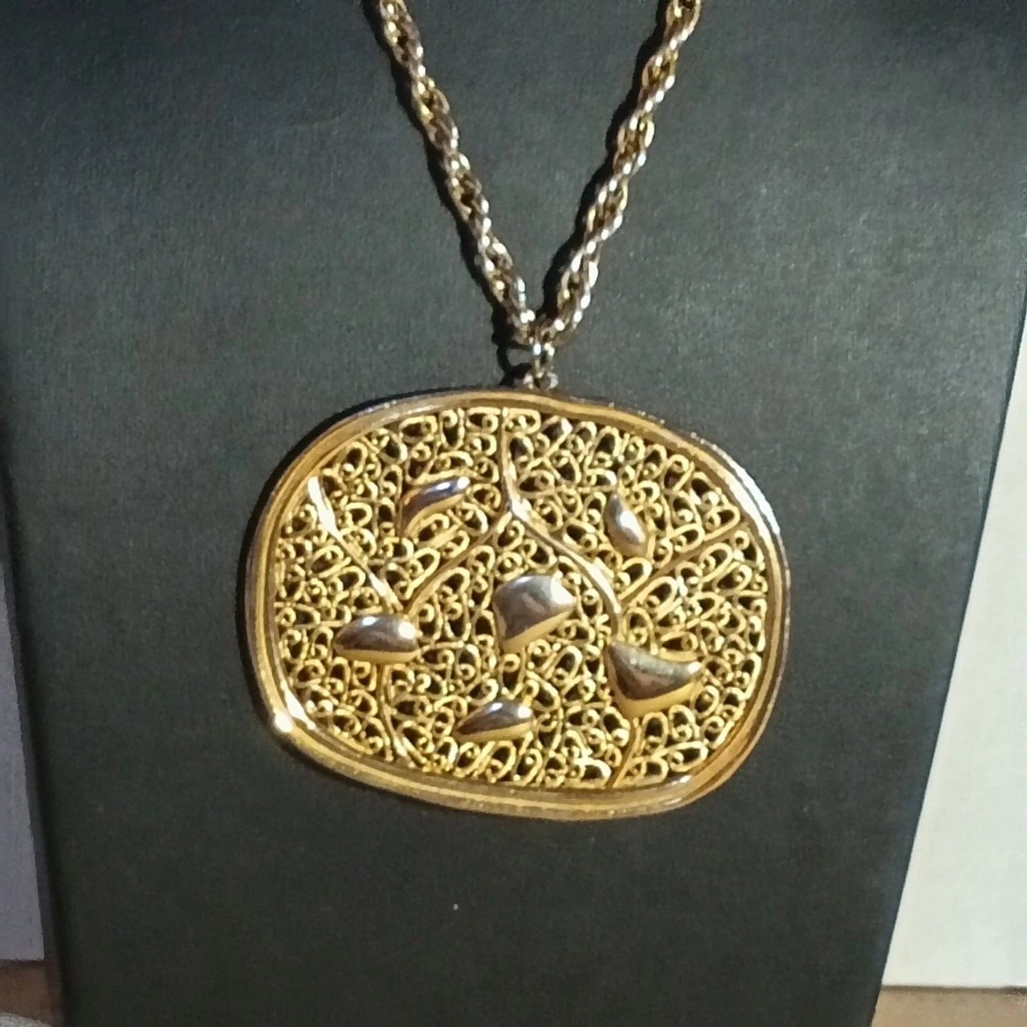 Vintage Goldtone Abstract Filigree Pendant Necklace 18” Large Oval