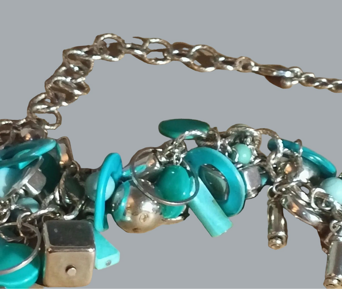 Vintage 1960s Mod Turquoise/teal beads Charm Cluster Necklace Silvertone Chain