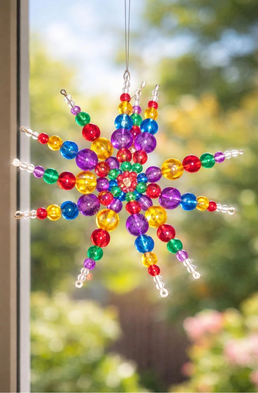 Rainbow Beaded Starburst Ornament 5” Round Holiday Suncatcher Decor
