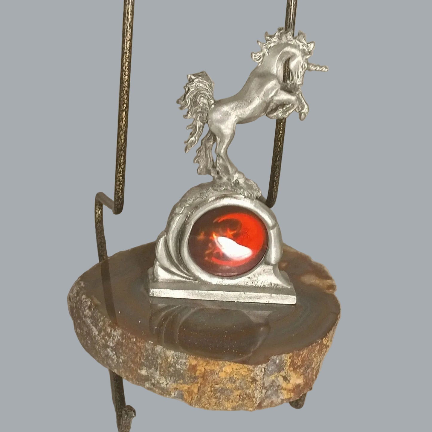 Greg Neeley Pewter Unicorn on Agate Slice Moon & Stars Hologram #4492