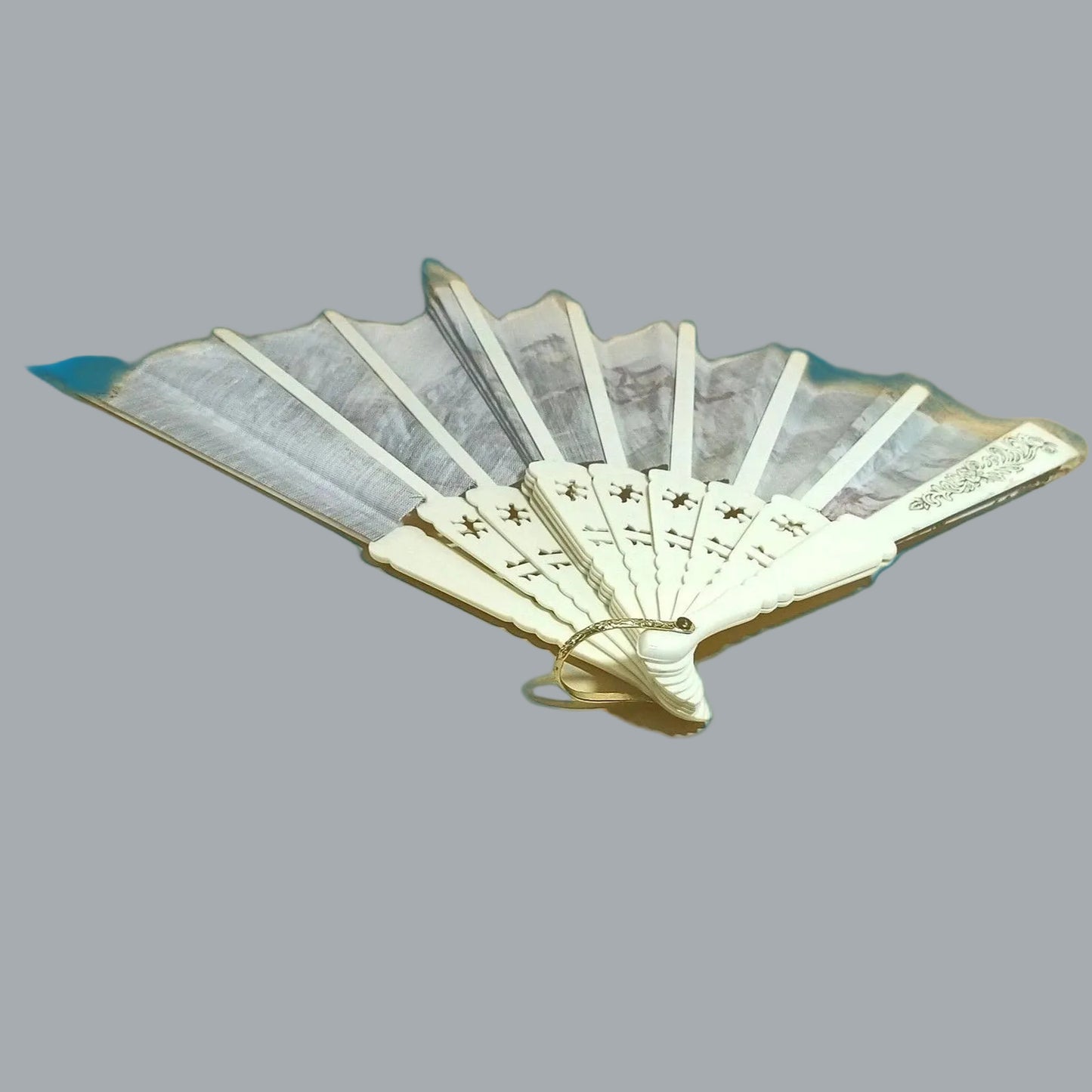 Vintage Style Lace Folding Hand Fan White & Gold Pastoral Scene 20"