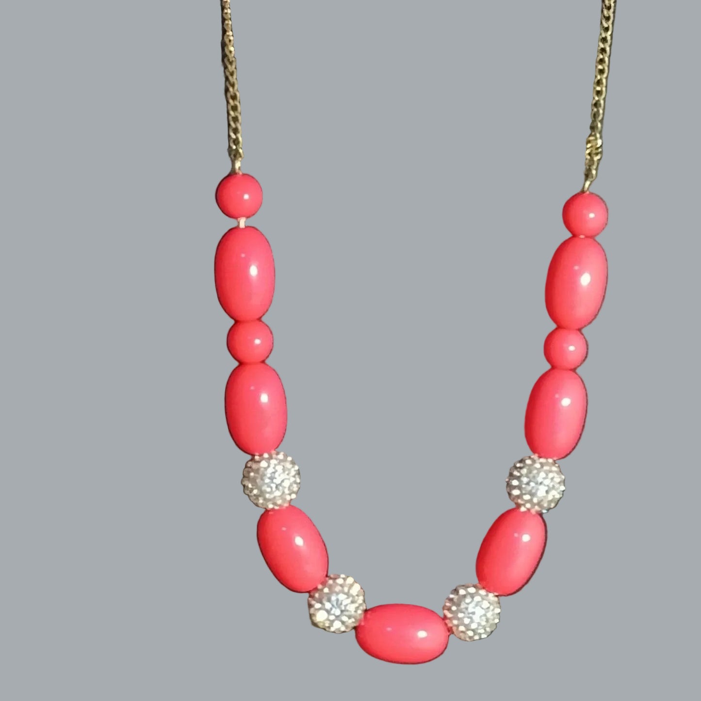 Hot Pink Bead & Rhinestone Ball Necklace 24" Gold Tone Chain Statement