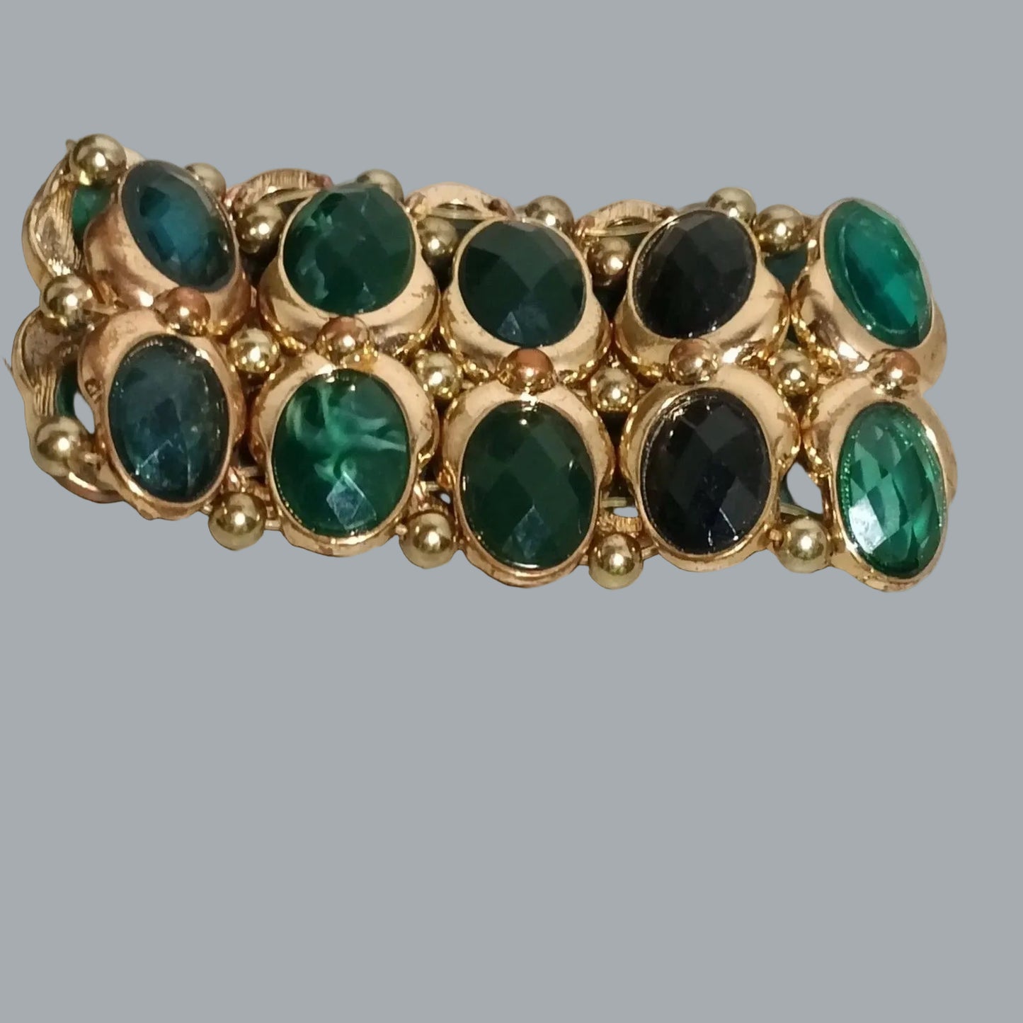 Gold Tone Green Oval Stone Stretch Bracelet 8" x 2" Chunky Statement