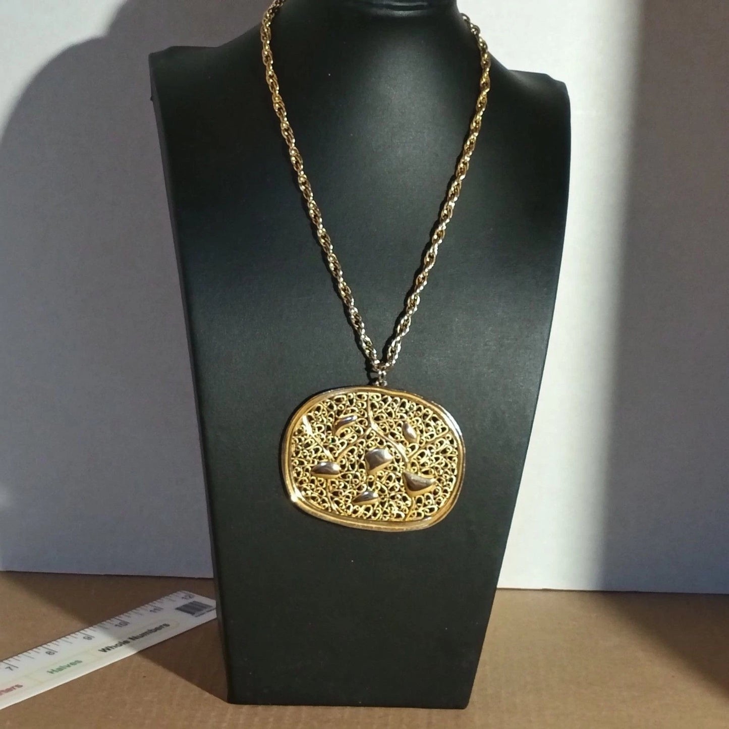Vintage Goldtone Abstract Filigree Pendant Necklace 18” Large Oval