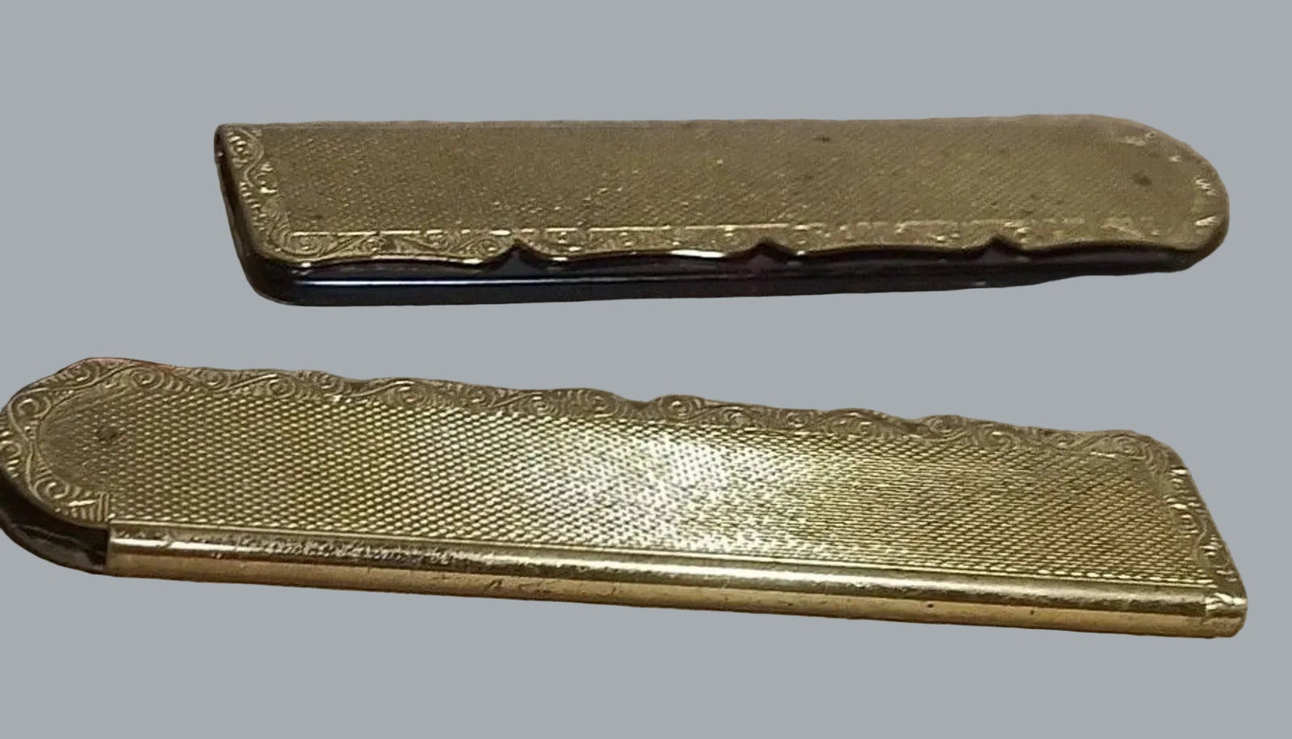 2pc Stratton England Folding Pocket Comb Set Gold-Tone Case 1 Tooth Missing
