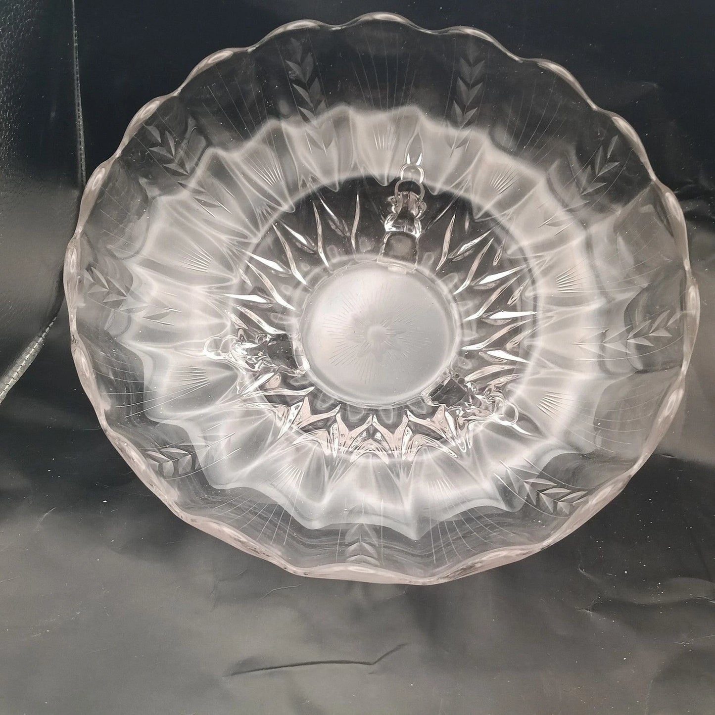 Vintage Indiana Glass Wheat Leaf 3-Footed Bowl 10" Clear Etched Crystal Unmarked