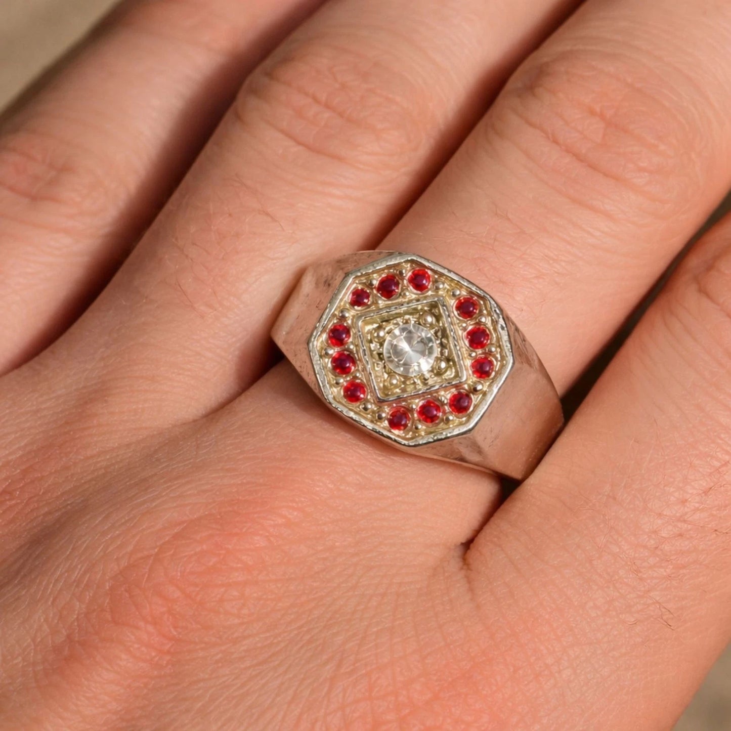 Vintage Red Rhinestone Halo Statement Ring Silver Tone Octagon Retro