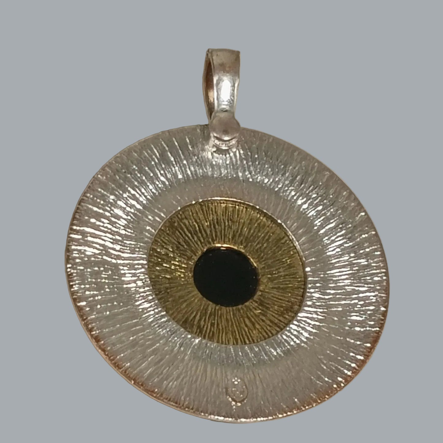 Mandala Medallion Pendant Black Glass Silver & Gold Tone w/ Magnetic Clasp 2.5"