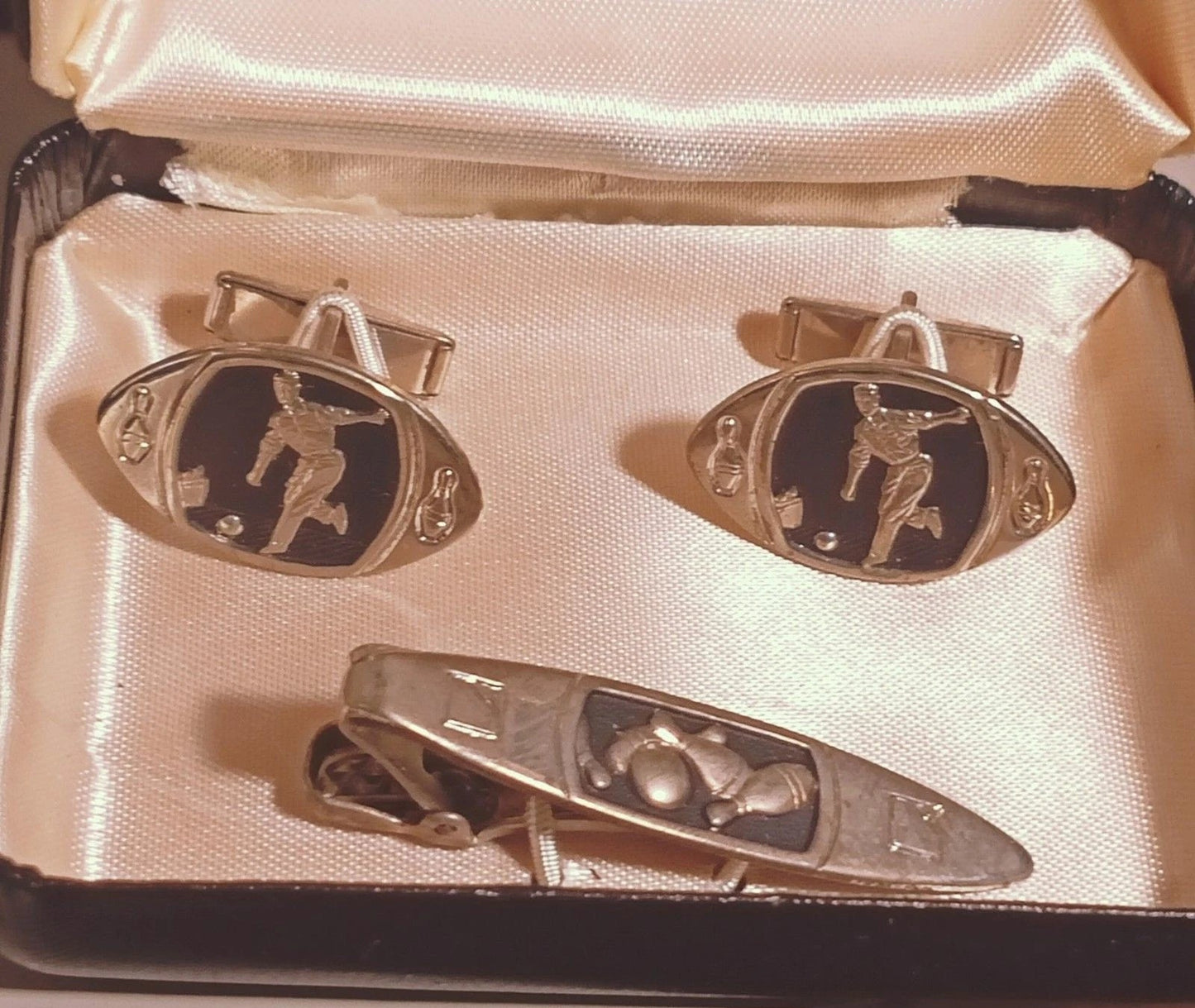 Vintage Towncraft Bowling Cufflinks & Tie Bar Set w/ Box Mid Century