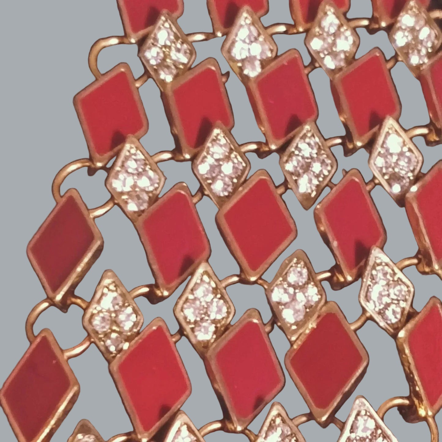 Red Enamel & Rhinestone Gold Tone Art Deco Link Bracelet Wrap Style