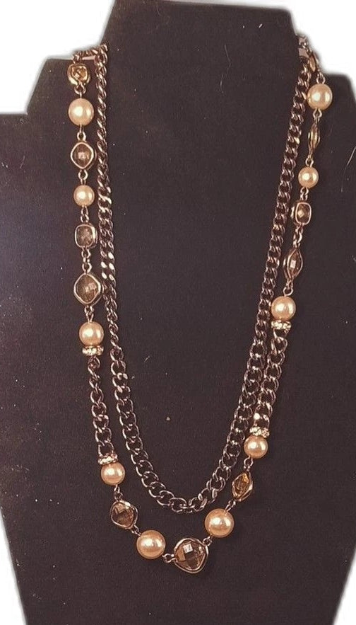 Vintage TRUDI Copper Tone Pearl Crystal Necklace Mid Century Signed