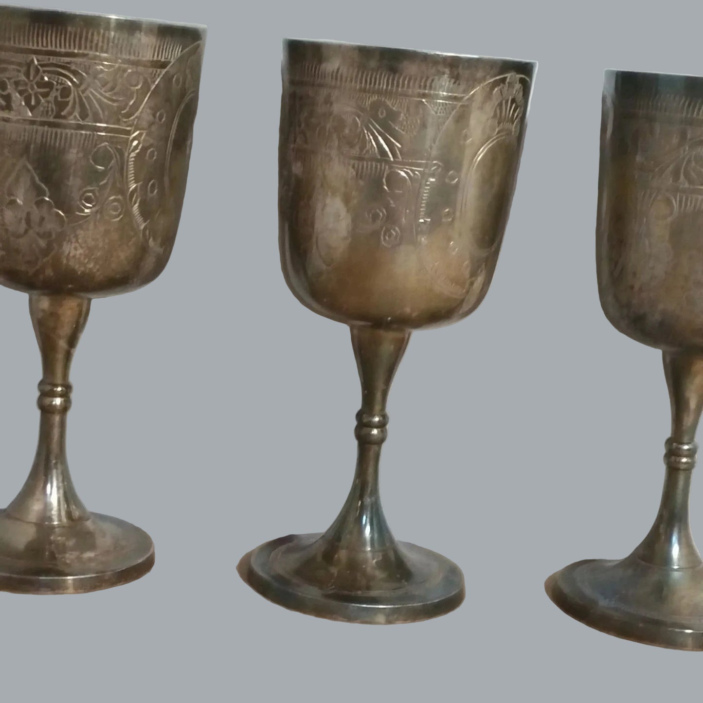 Vintage Silver Plated Engraved Goblets Set of 3 6.5" Tarnished