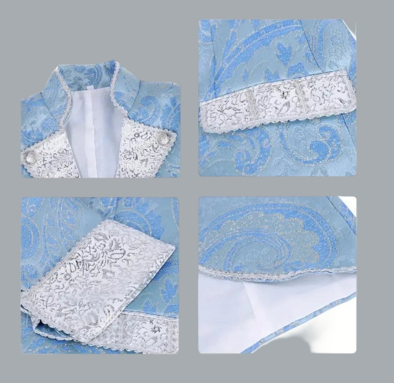 Men's Rococo Court Suit Light Blue Elegant 3PC Tailcoat Vest Pants Set 46-48