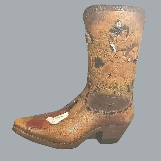 Western Cowboy Boot Vase Holder Native Rider Scene 9.5" Decor