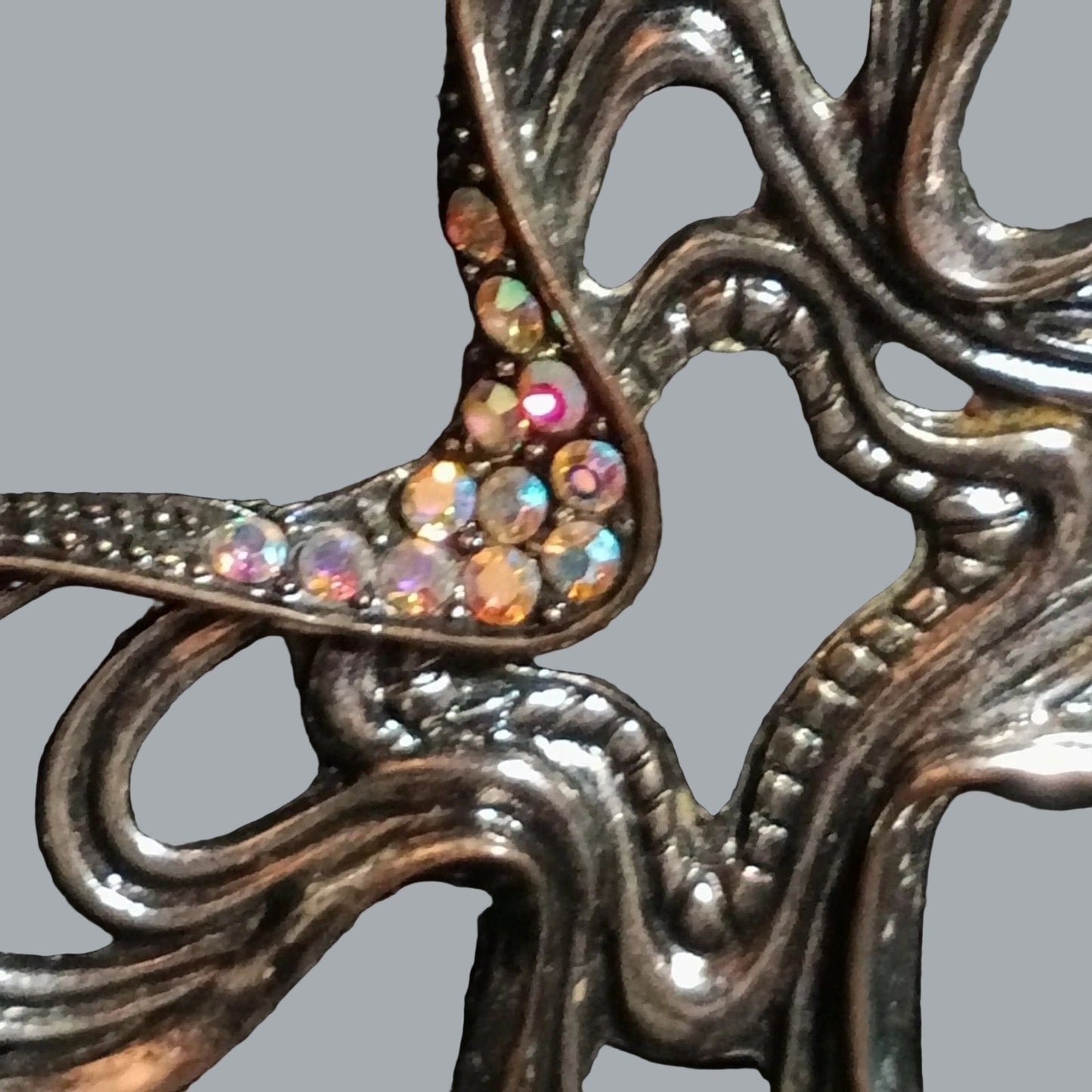 Jewelry Silver Openwork Cross Pendant Necklace Aurora Borealis Rhinestone Accent