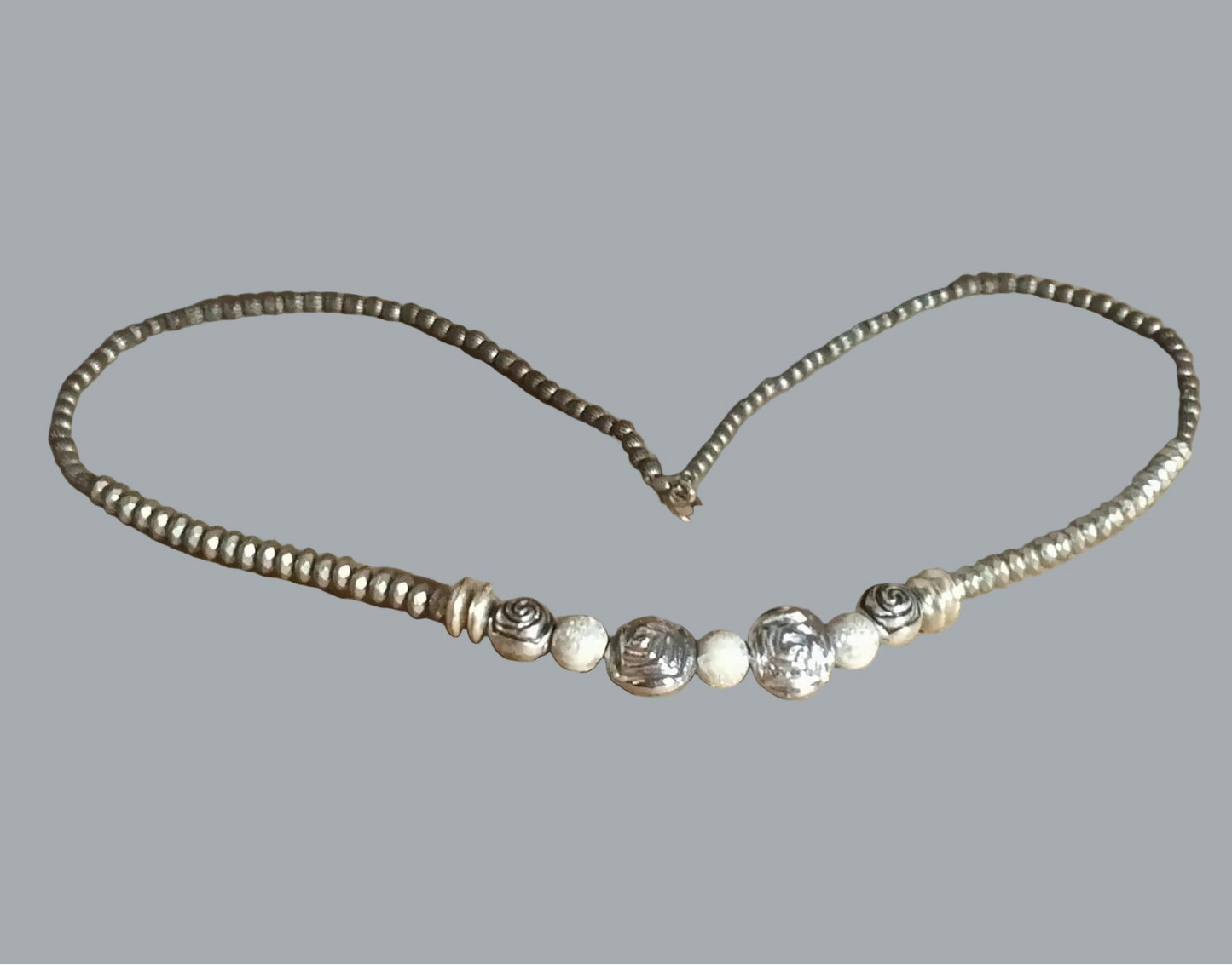 Boho Metallic Bead Necklace 23" Silver Tone Accent Beads & White Beads