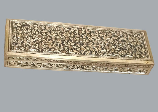 Vintage Ornate Engraved Metal Trinket/Cigarette Box 6.25” Floral Scroll