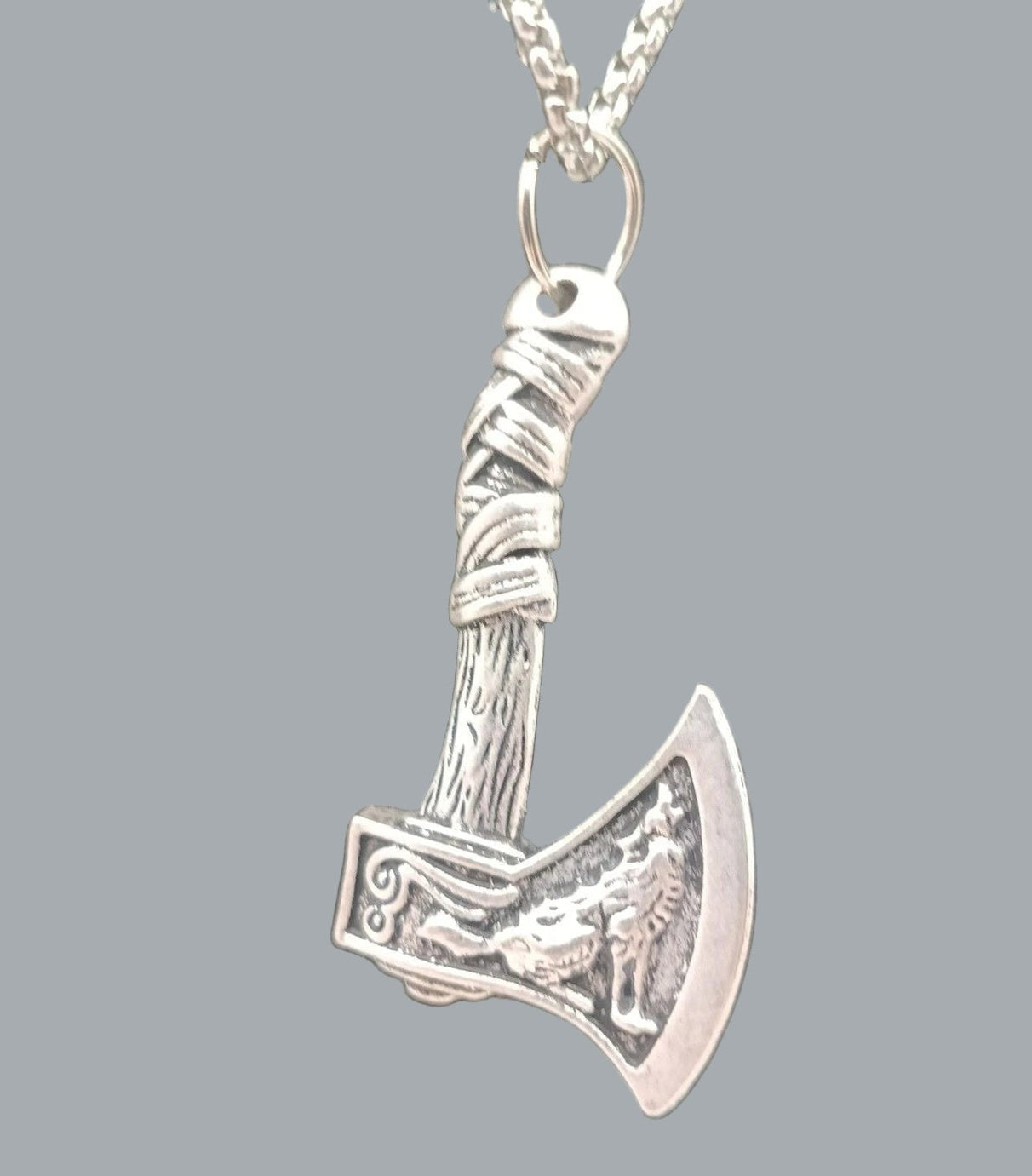 Viking Necklace Wolf Axe Celtic Pendant Nordic Amulet Silvertone 22" Chain