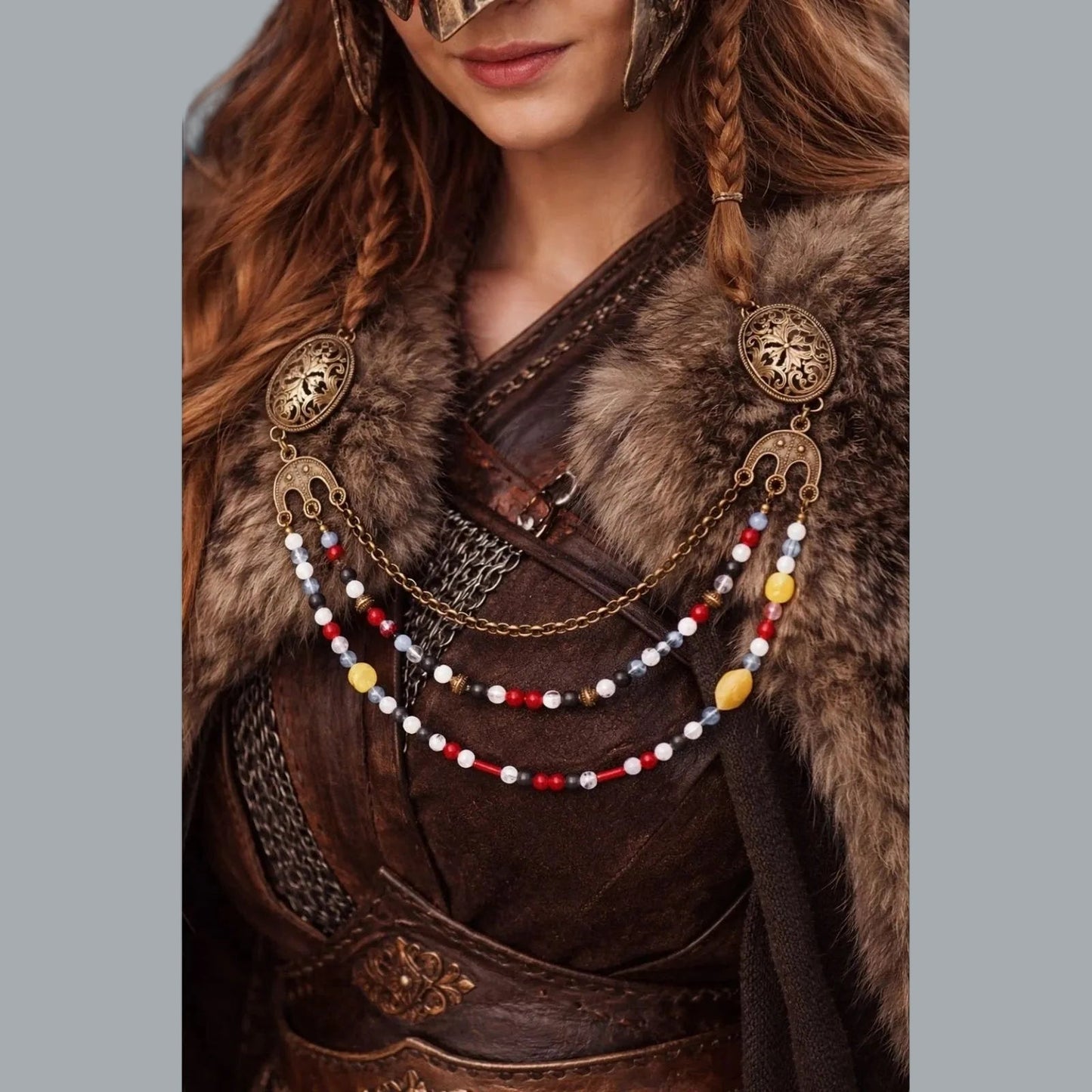 Viking Oval Brooch Pair w/ Chain & Beaded Drapes Cloak Pins NWT