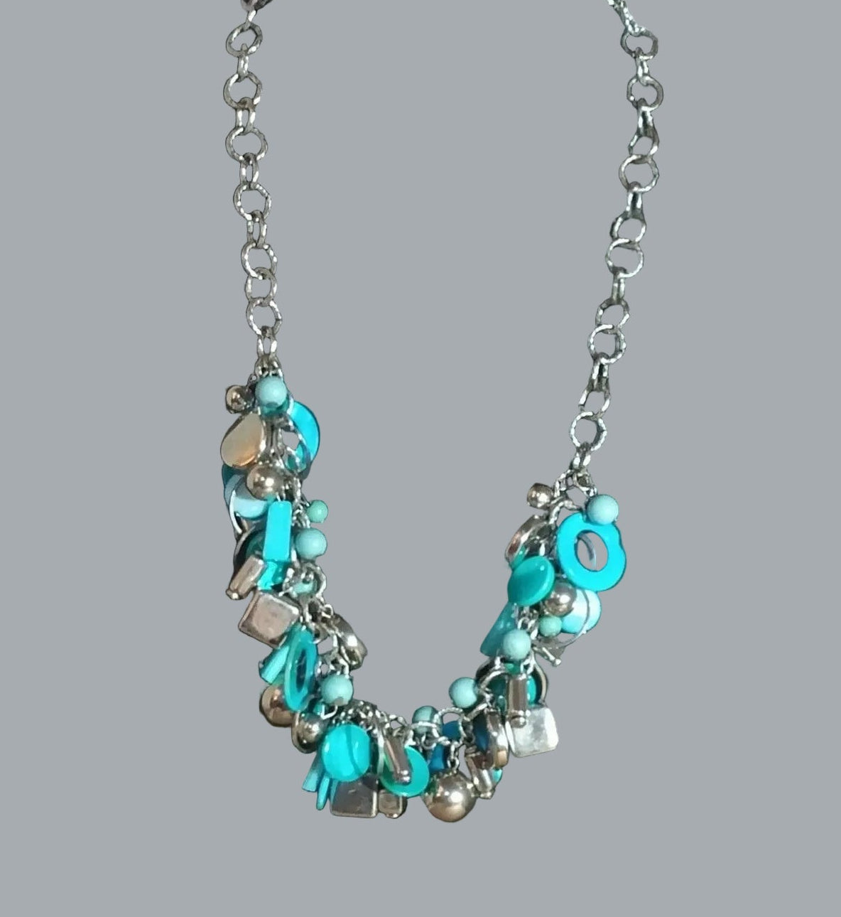 Vintage 1960s Mod Turquoise/teal beads Charm Cluster Necklace Silvertone Chain