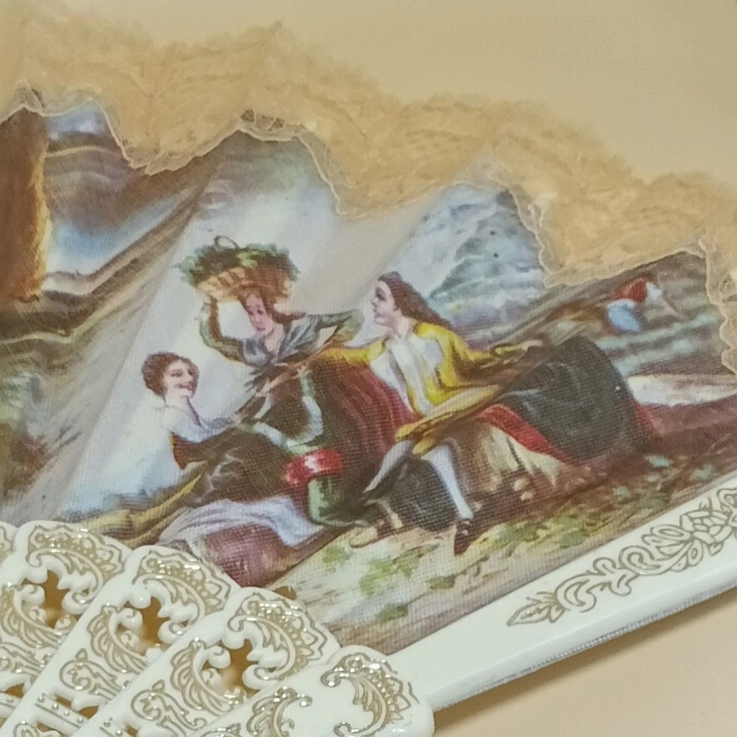 Vintage Style Lace Folding Hand Fan White & Gold Pastoral Scene 20"