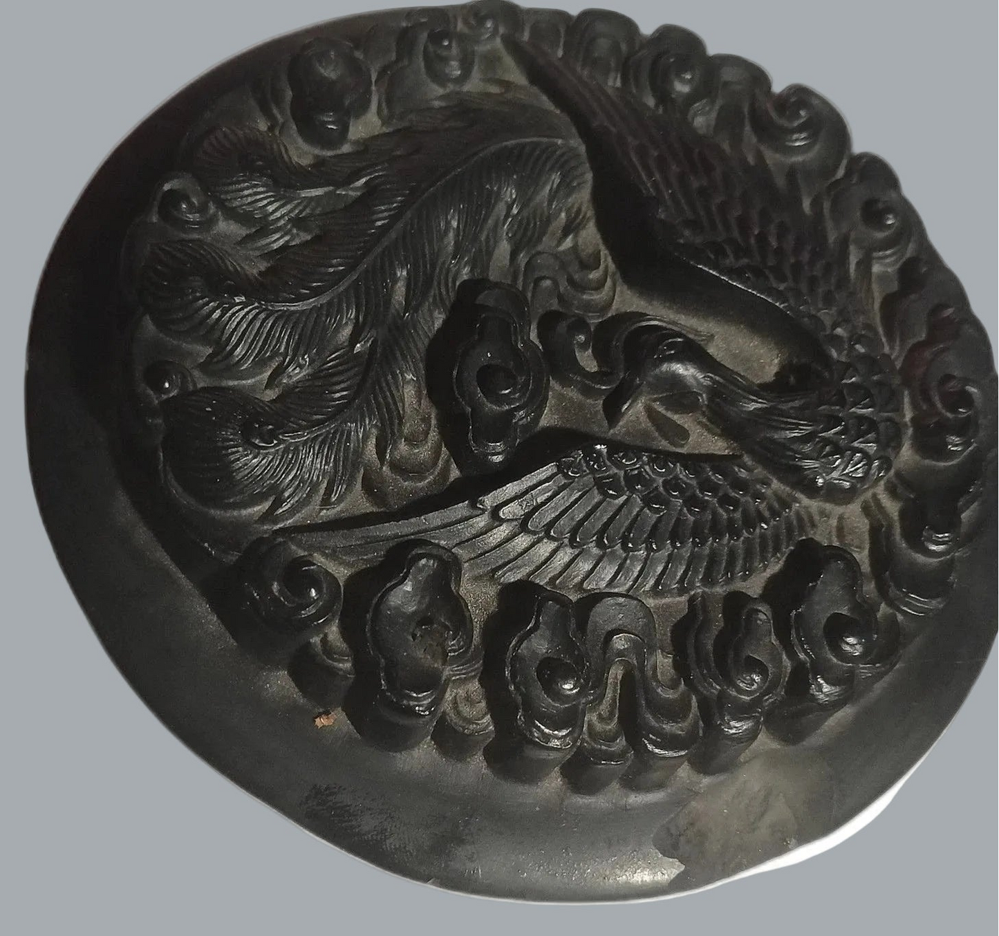 Carved Dragon & Phoenix Chinese Inkstone Yantai Real Stone 9.5” w/ Lid (Chip)