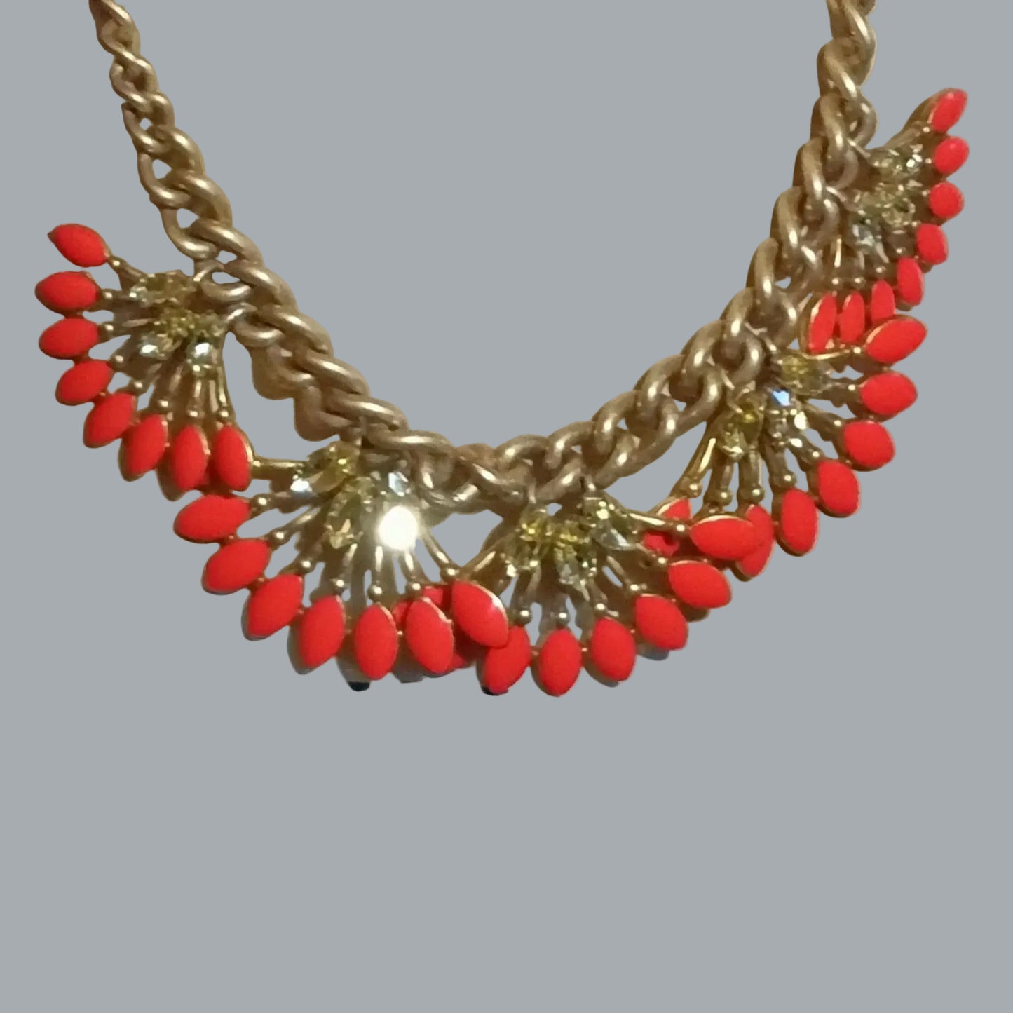 Stella & Dot Gold Tone Coral Red Fan Statement Necklace Chunky Chain