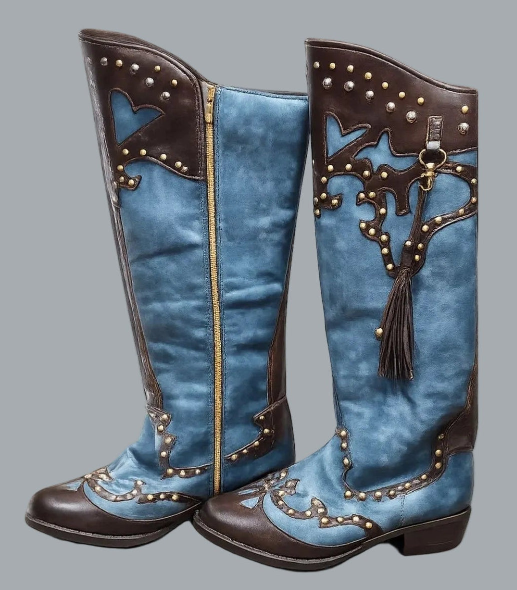 Washed Blue Western Knee High Boots Studded Tassel Mid Heel Size 41Women's US 10