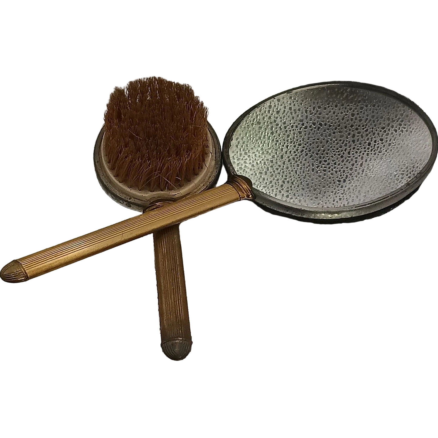 Vintage Gold-Tone Vanity Hand Mirror & Hair Brush Set Floral Design